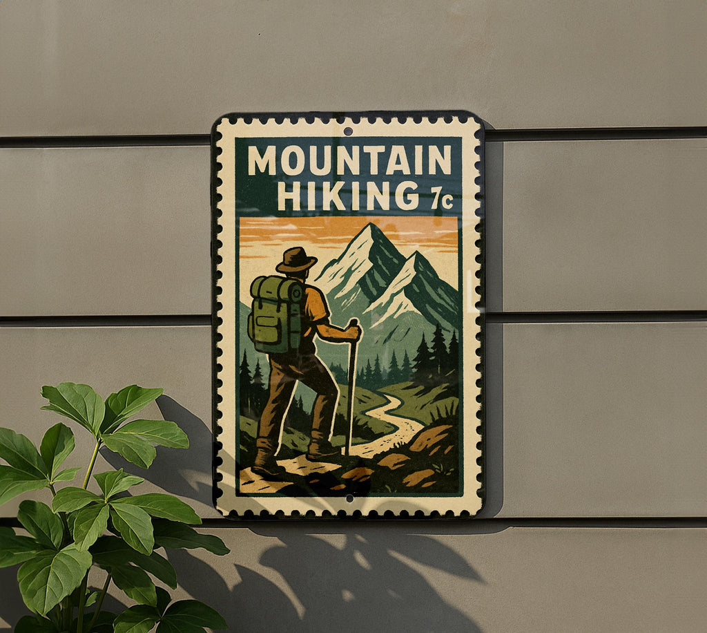 Mountain Hiking Metal Sign – Vintage Stamp Style Wall Art for Cabin, Rustic Outdoor Decor, Nature Lover Gift — photo 5