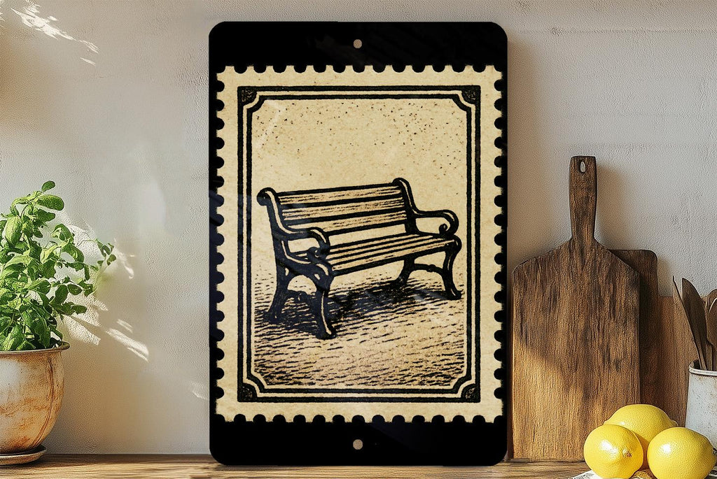 Vintage Park Bench Metal Sign – Rustic Stamp Style Wall Art for Porch, Garden, Patio, Outdoor Décor, Weathered Look — photo 1