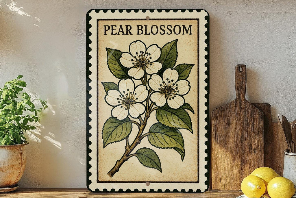 Pear Blossom Metal Sign – Vintage Stamp Style Wall Art, Botanical Floral Decor, Rustic Garden Aluminum Sign — photo 1