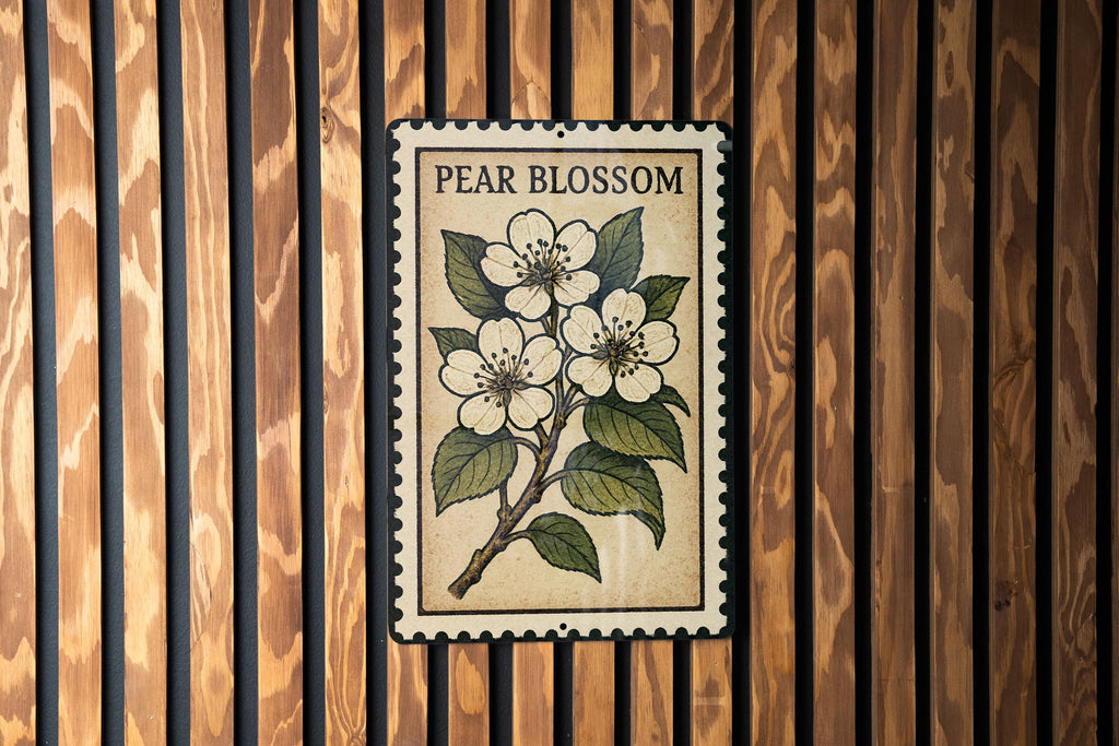 Pear Blossom Metal Sign – Vintage Stamp Style Wall Art, Botanical Floral Decor, Rustic Garden Aluminum Sign — photo 2