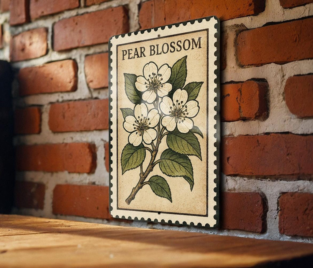 Pear Blossom Metal Sign – Vintage Stamp Style Wall Art, Botanical Floral Decor, Rustic Garden Aluminum Sign — photo 3