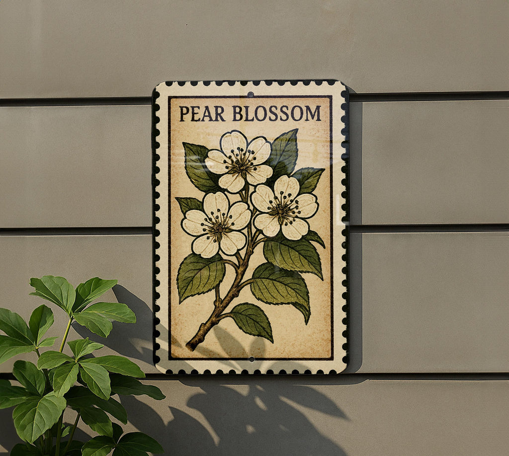 Pear Blossom Metal Sign – Vintage Stamp Style Wall Art, Botanical Floral Decor, Rustic Garden Aluminum Sign — photo 5