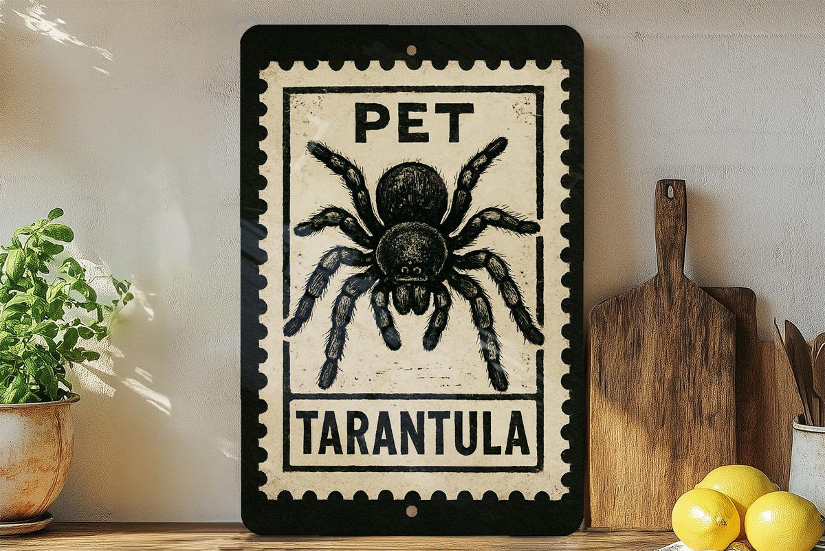 Pet Tarantula Metal Sign – Vintage Stamp Style Spider Wall Art for Arachnid Lovers, Rustic Home or Man Cave Decor — photo 1