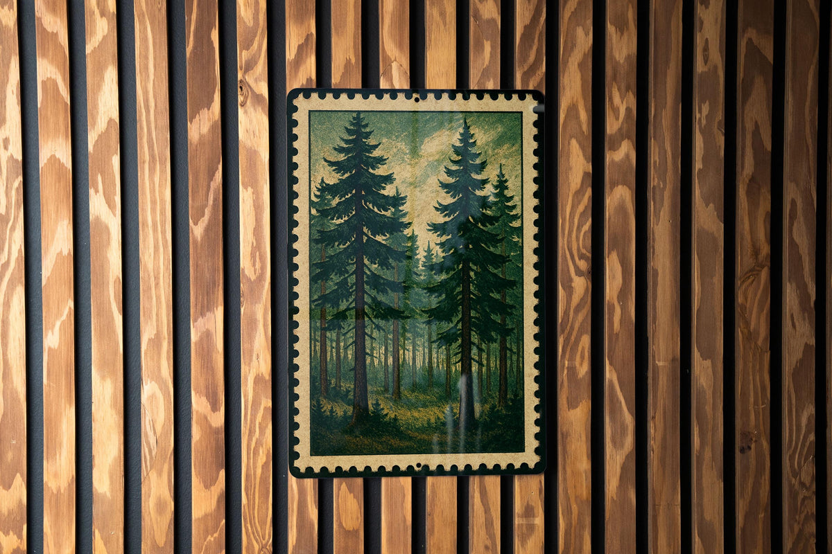 Rustic Pine Forest Metal Sign – Vintage Stamp Style Wall Art for Cabin, Lodge, Woodland Decor, Nature Lover Gift — photo 1