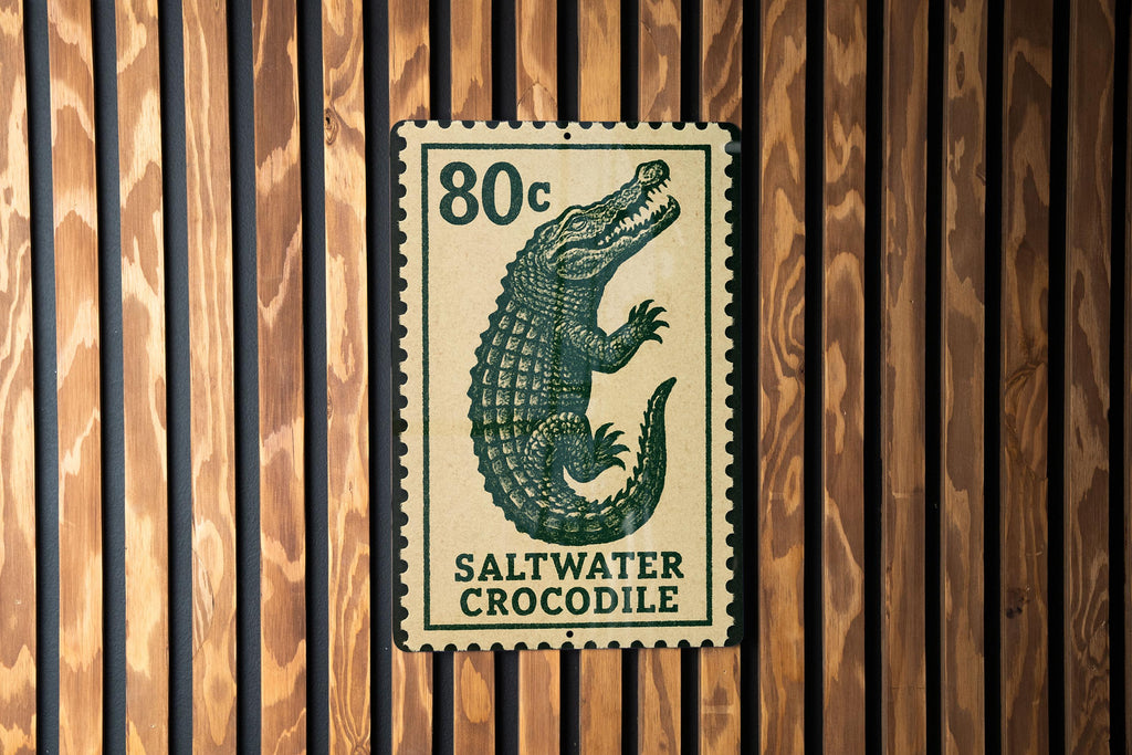 Saltwater Crocodile Metal Sign – Vintage Stamp Style Wall Art, Vertical Rustic Decor for Home, Cabin, or Man Cave — photo 1