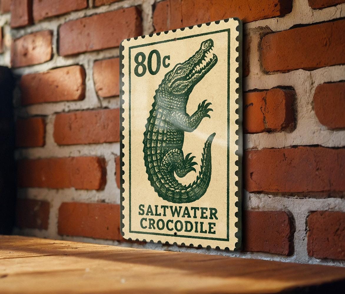 Saltwater Crocodile Metal Sign – Vintage Stamp Style Wall Art, Vertical Rustic Decor for Home, Cabin, or Man Cave — photo 2