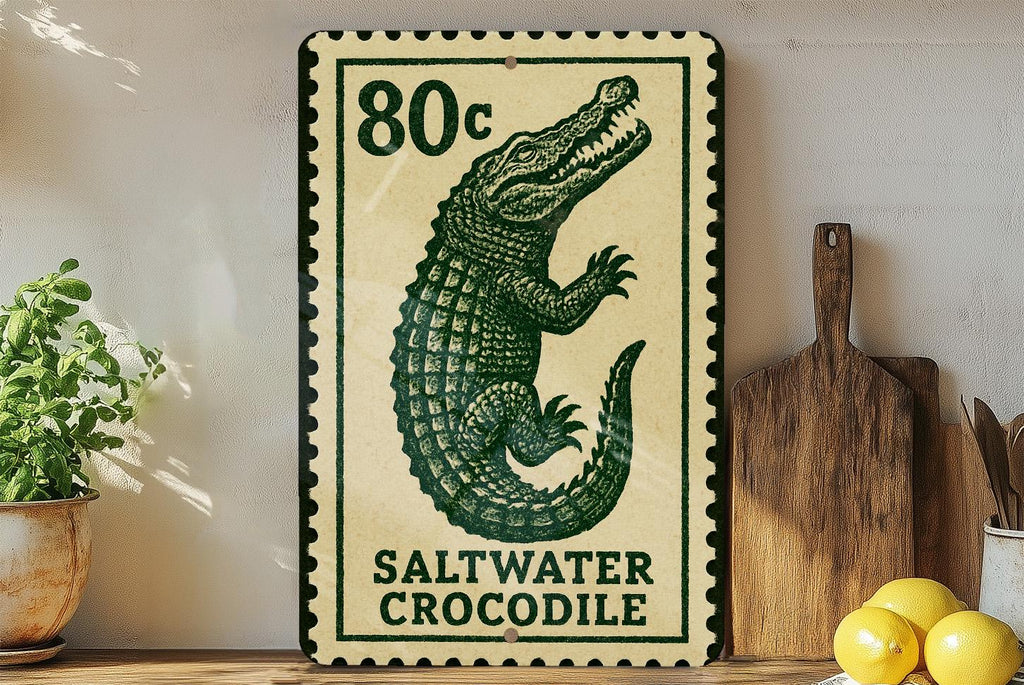 Saltwater Crocodile Metal Sign – Vintage Stamp Style Wall Art, Vertical Rustic Decor for Home, Cabin, or Man Cave — photo 3