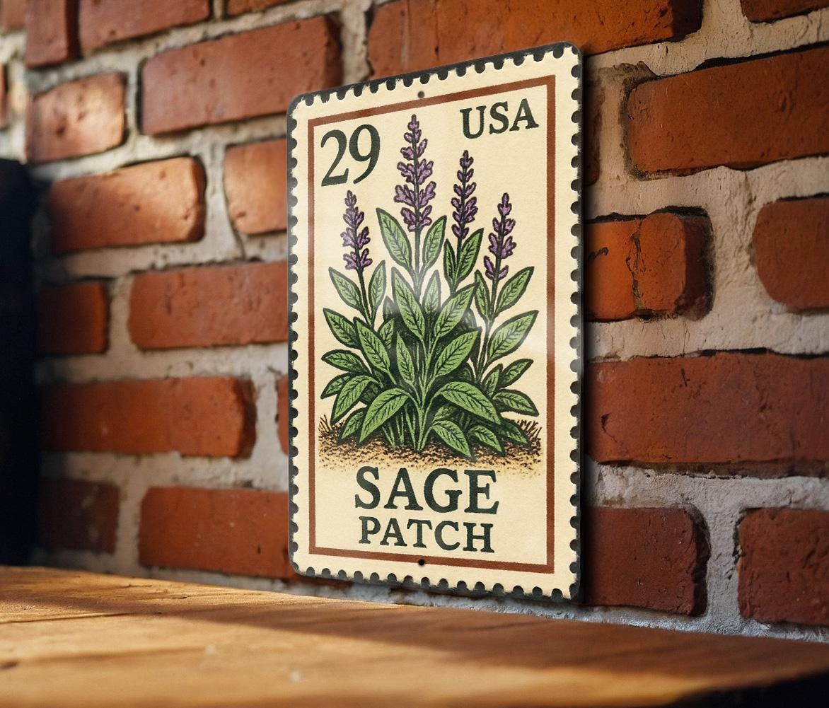 Vintage Sage Patch Metal Sign – Rustic Farmhouse Decor, Stamp Style Wall Art, Herb Garden Kitchen Sign, Country Home Accent — photo 2