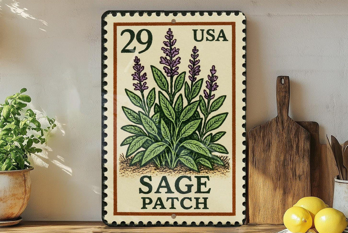 Vintage Sage Patch Metal Sign – Rustic Farmhouse Decor, Stamp Style Wall Art, Herb Garden Kitchen Sign, Country Home Accent — photo 3