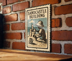Sandcastle Building Metal Sign – Vintage Beach Decor, Coastal Wall Art, Retro Stamp Style Summer House Sign — photo 1