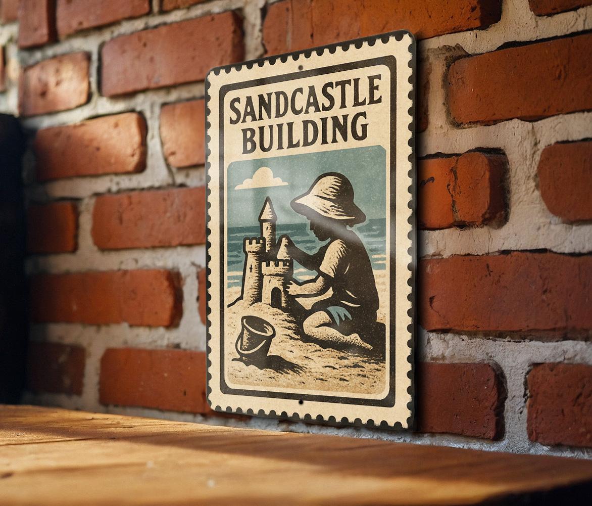 Sandcastle Building Metal Sign – Vintage Beach Decor, Coastal Wall Art, Retro Stamp Style Summer House Sign — photo 1