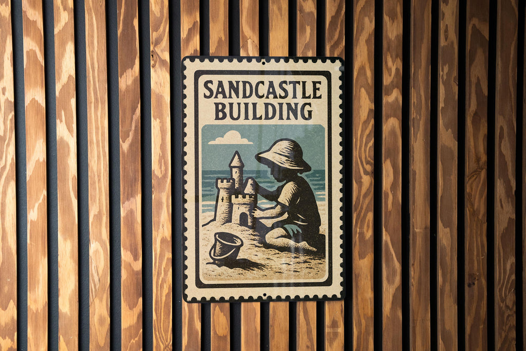 Sandcastle Building Metal Sign – Vintage Beach Decor, Coastal Wall Art, Retro Stamp Style Summer House Sign — photo 3