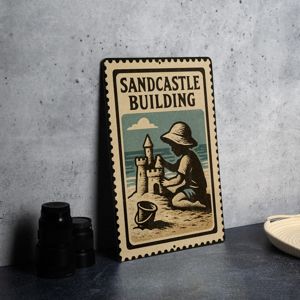 Sandcastle Building Metal Sign – Vintage Beach Decor, Coastal Wall Art, Retro Stamp Style Summer House Sign — photo 4