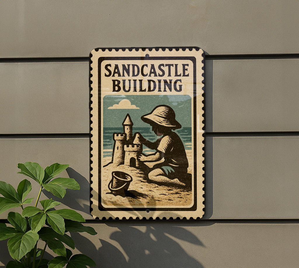Sandcastle Building Metal Sign – Vintage Beach Decor, Coastal Wall Art, Retro Stamp Style Summer House Sign — photo 5