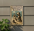 Sandcastle Building Metal Sign – Vintage Beach Decor, Coastal Wall Art, Retro Stamp Style Summer House Sign — photo 5
