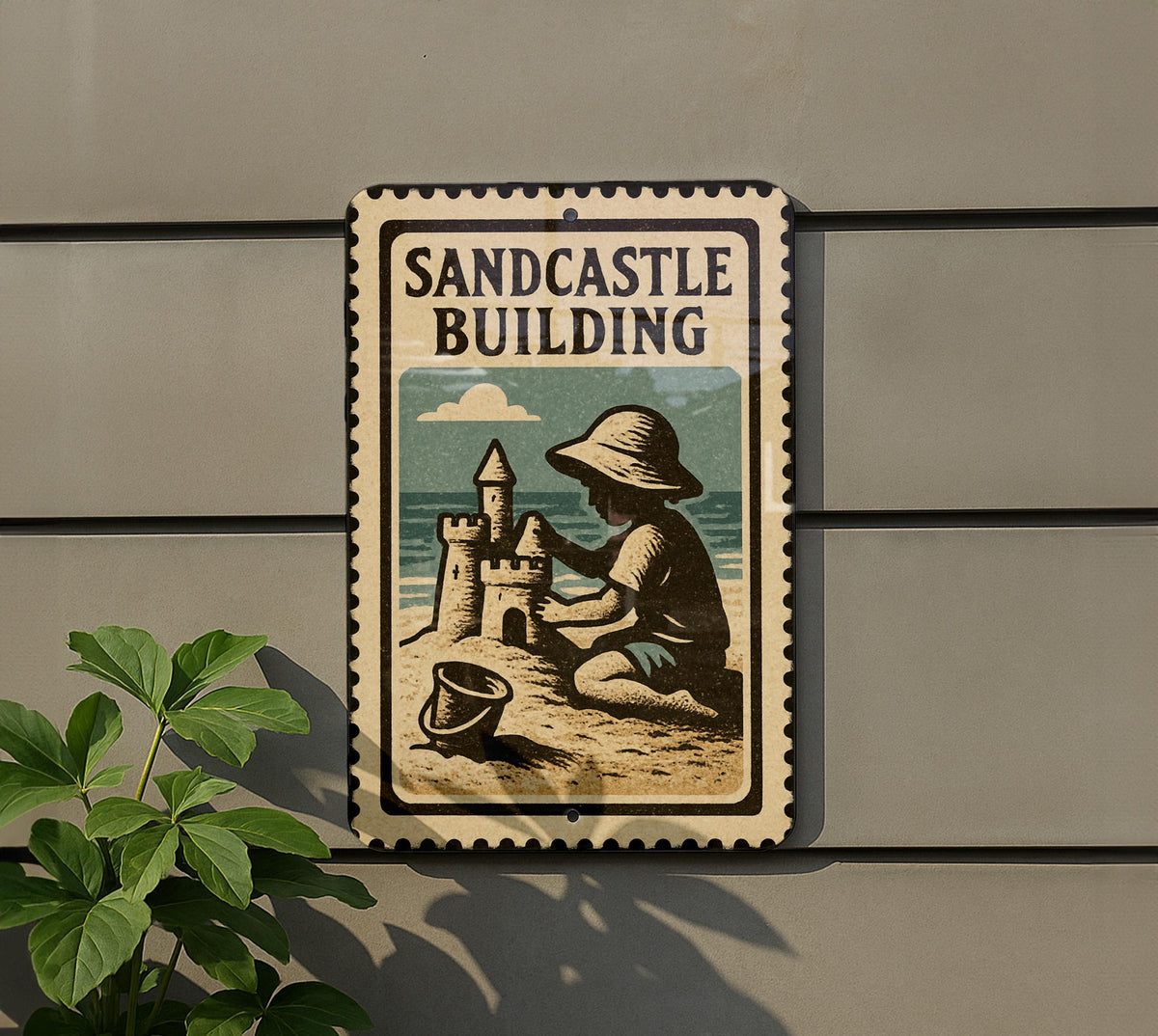 Sandcastle Building Metal Sign – Vintage Beach Decor, Coastal Wall Art, Retro Stamp Style Summer House Sign — photo 5