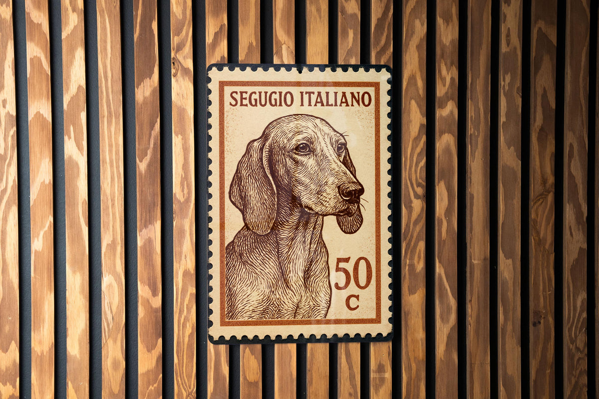 Segugio Italiano Dog Metal Sign – Vintage Stamp Style Wall Art for Home, Kennel, Rustic Decor, Italian Hound Gift — photo 1