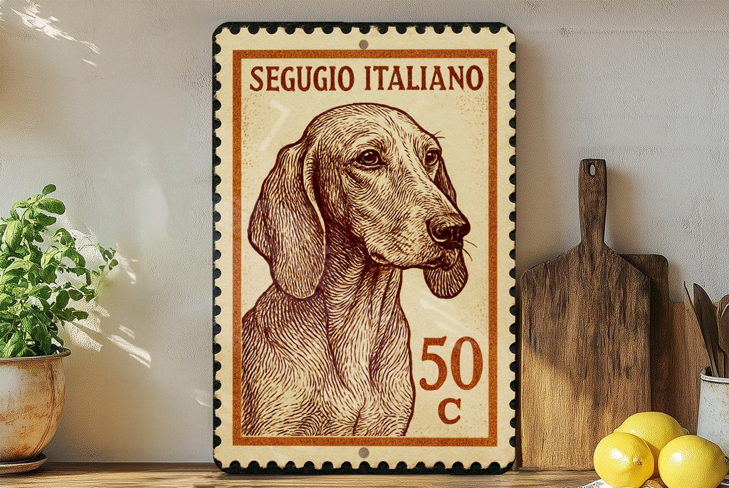 Segugio Italiano Dog Metal Sign – Vintage Stamp Style Wall Art for Home, Kennel, Rustic Decor, Italian Hound Gift — photo 3