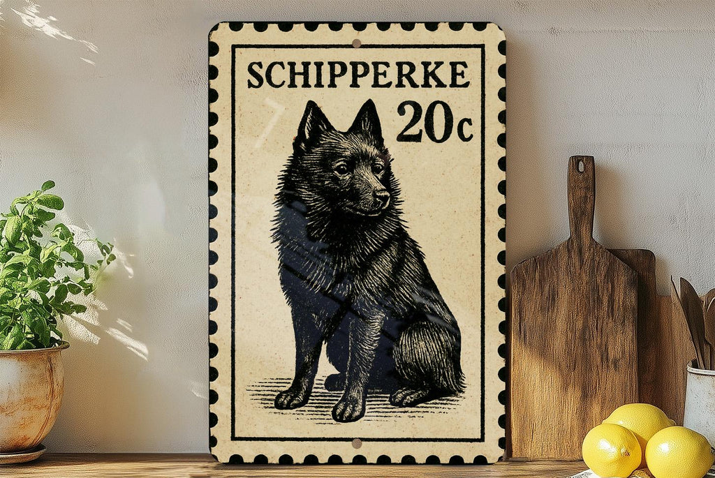 Schipperke Dog Metal Sign – Vintage Stamp Style Wall Art, Vertical 23" Rustic Home Decor for Dog Lovers, Gift for Pet Owners — photo 1