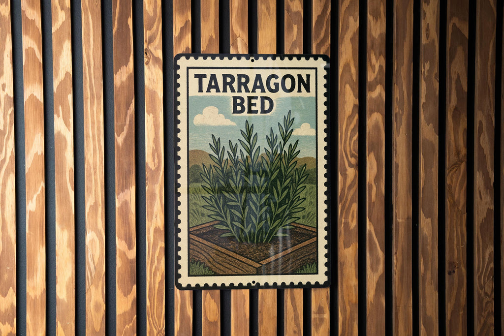 Tarragon Bed Metal Sign – Vintage Stamp Style Wall Art for Bedroom, Rustic Farmhouse Decor, Distressed Metal Plaque — photo 1