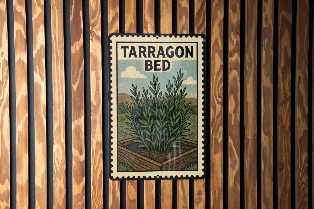 Tarragon Bed Metal Sign – Vintage Stamp Style Wall Art for Bedroom, Rustic Farmhouse Decor, Distressed Metal Plaque — photo 1