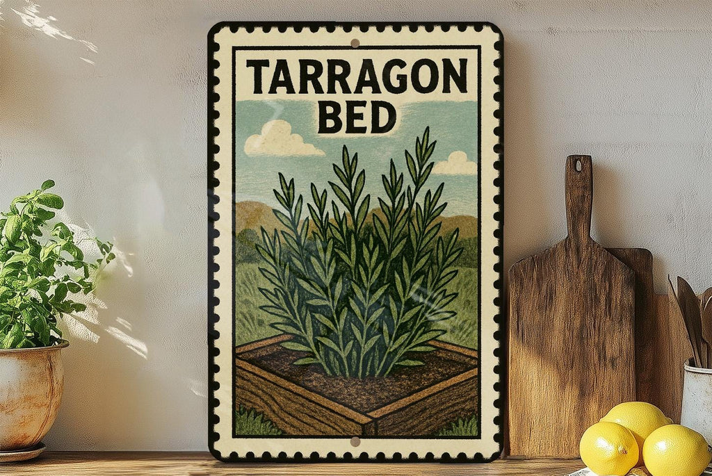 Tarragon Bed Metal Sign – Vintage Stamp Style Wall Art for Bedroom, Rustic Farmhouse Decor, Distressed Metal Plaque — photo 3