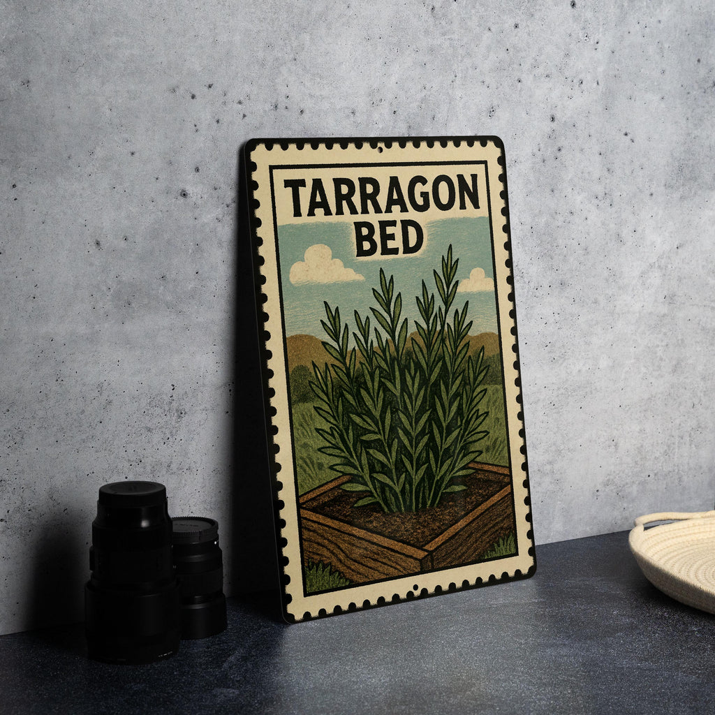Tarragon Bed Metal Sign – Vintage Stamp Style Wall Art for Bedroom, Rustic Farmhouse Decor, Distressed Metal Plaque — photo 4