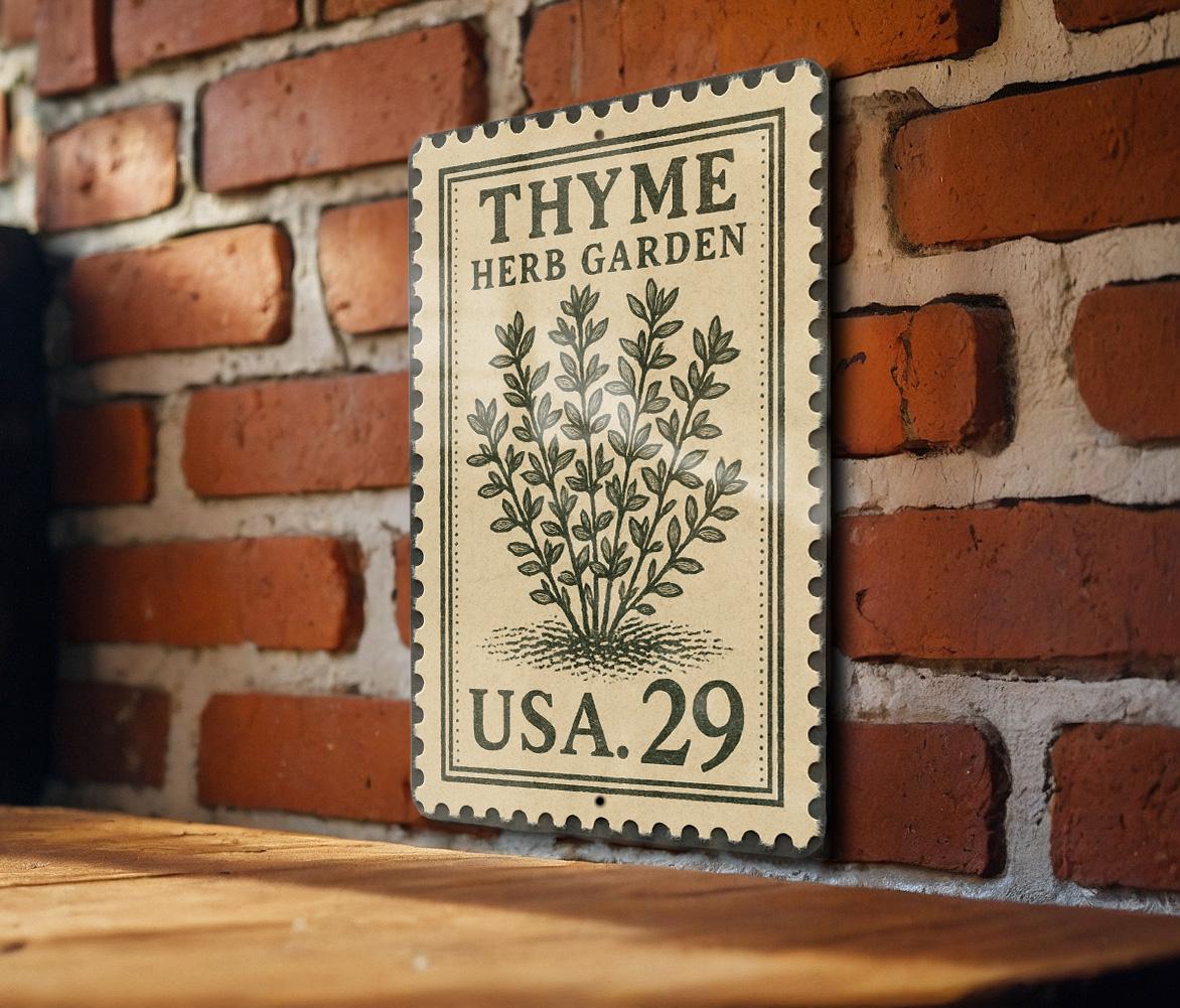 Thyme Herb Garden Metal Sign – Vintage Botanical Kitchen Decor, Rustic Farmhouse Wall Art, Stamp Style Garden Plaque — photo 1