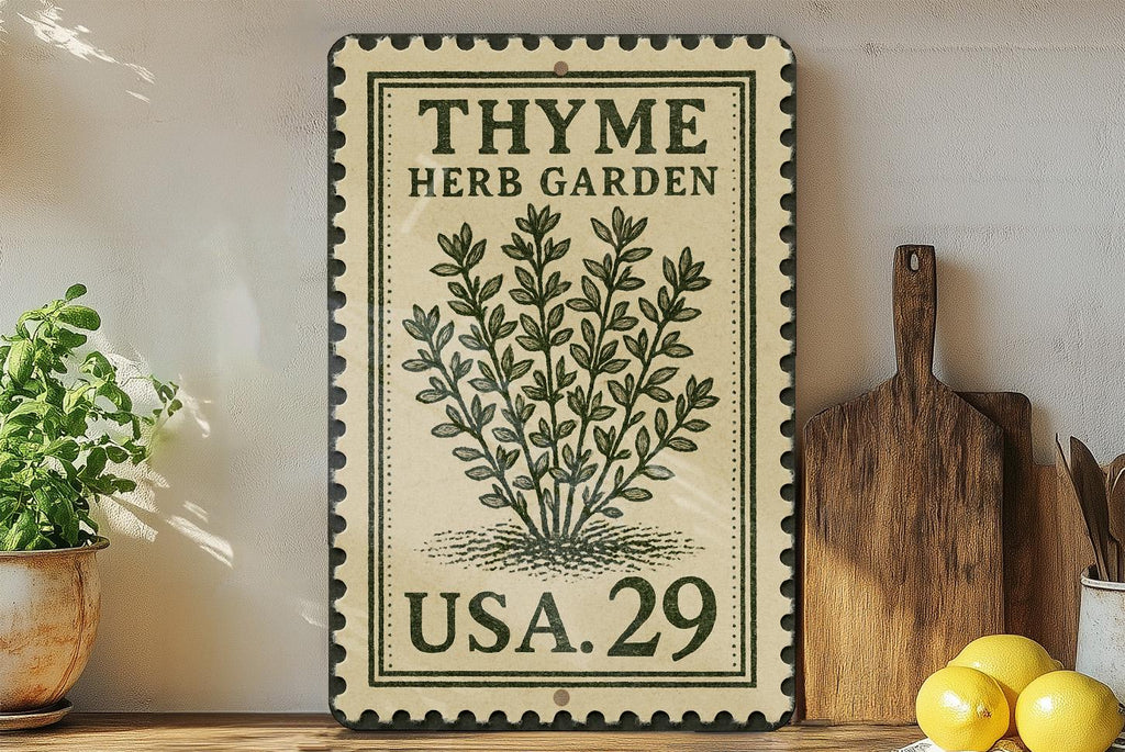 Thyme Herb Garden Metal Sign – Vintage Botanical Kitchen Decor, Rustic Farmhouse Wall Art, Stamp Style Garden Plaque — photo 3