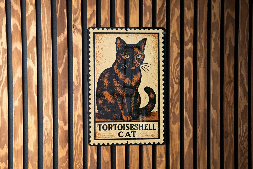 Tortoiseshell Cat Metal Sign – Vintage Stamp Style Wall Art for Cat Lovers, Rustic Tin Decor for Home or Garden — photo 3