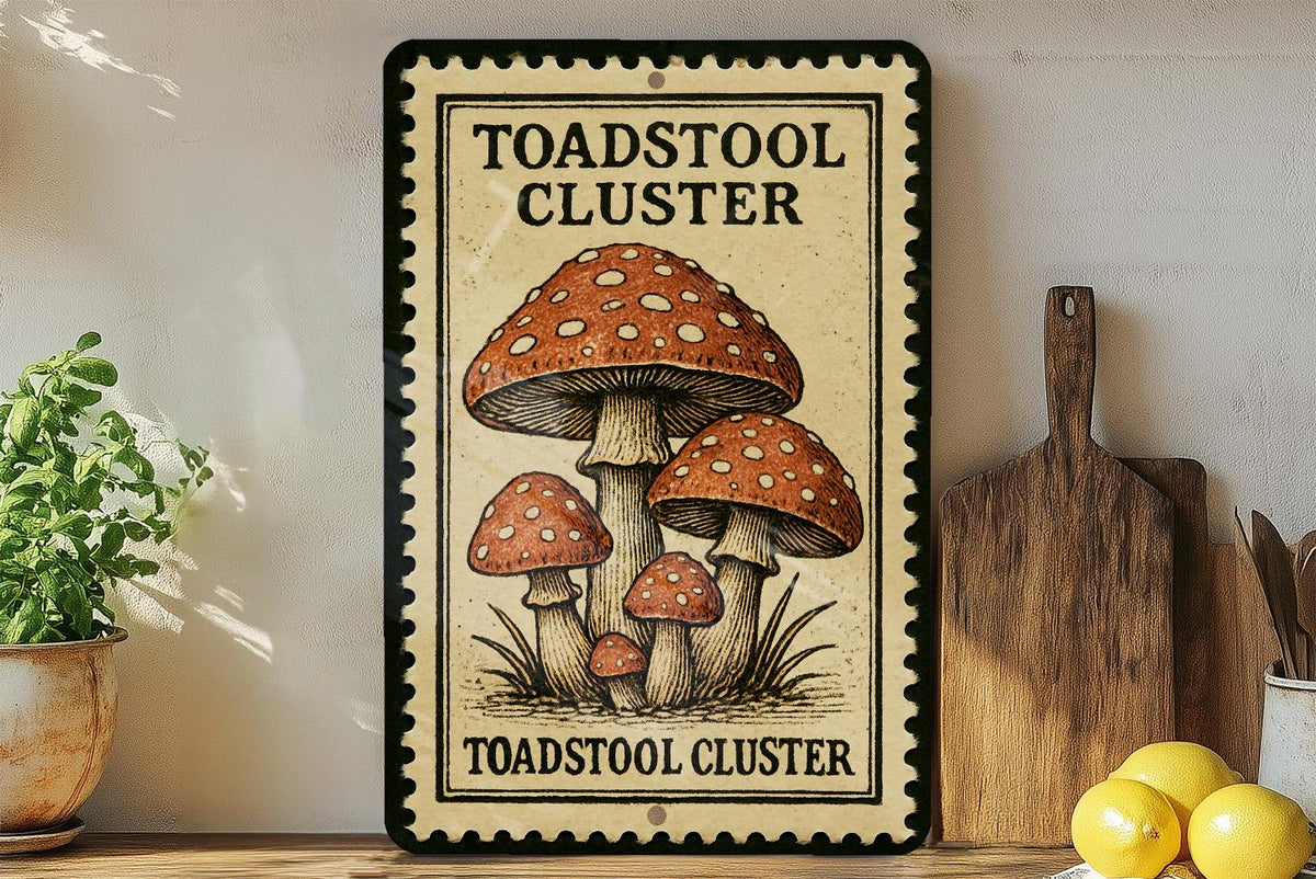Toadstool Cluster Metal Sign – Vintage Mushroom Wall Art, Rustic Fungi Decor, Cottagecore Garden Sign, Nature-Inspired Artwork — photo 3