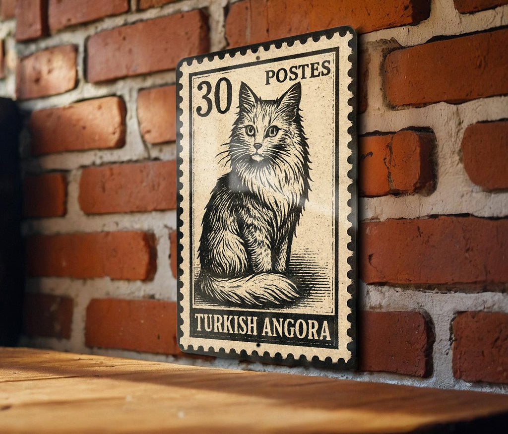 Turkish Angora Cat Metal Sign – Vintage Stamp Style Wall Art Décor for Cat Lovers, Rustic Tin Pet Sign for Home or Garden — photo 1