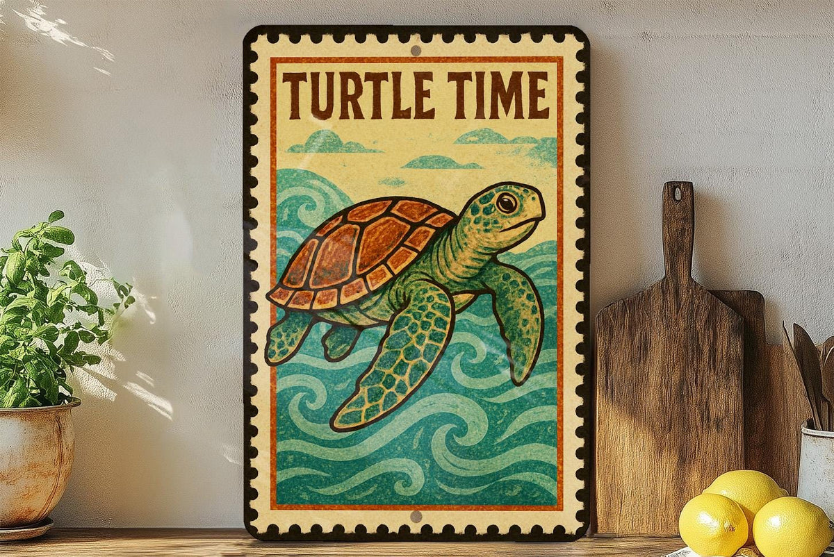 Turtle Time Metal Sign – Vintage Stamp Style Wall Decor for Beach House, Coastal Bathroom, Retro Nautical Home Sign Art — photo 1