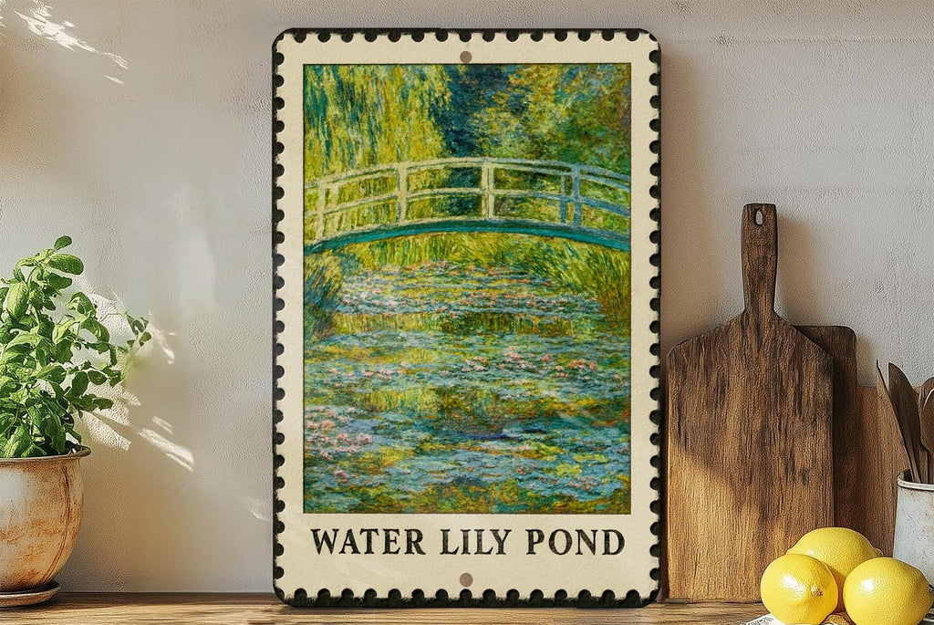 Water Lily Pond Metal Sign – Vintage Stamp Style Wall Art, Monet Inspired Garden Decor, Rustic Home Metal Artwork — photo 2
