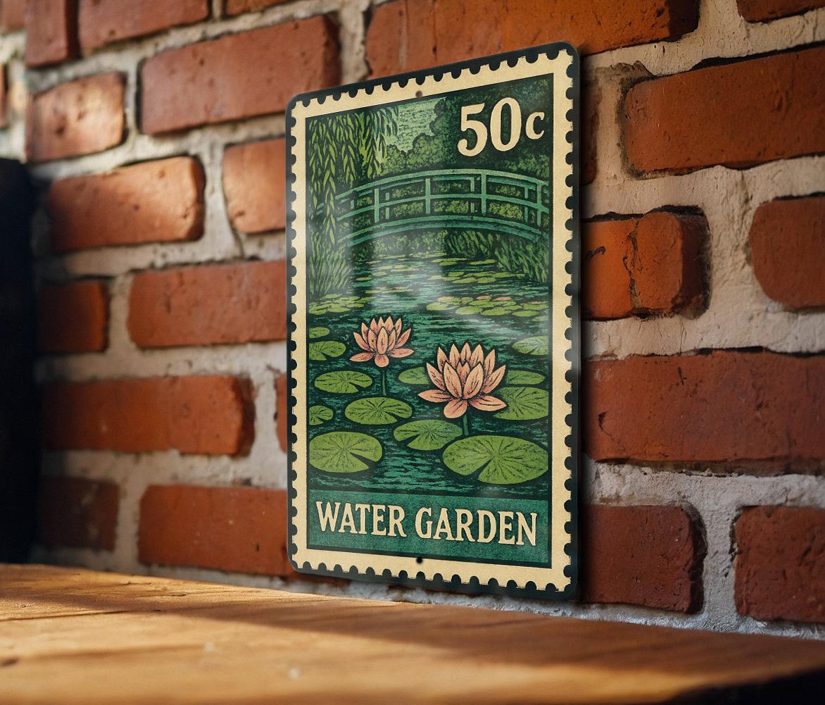 Water Garden Metal Sign – Vintage Stamp Style Garden Decor, Rustic Outdoor Wall Art, Botanical Yard Plaque for Gardeners — photo 1