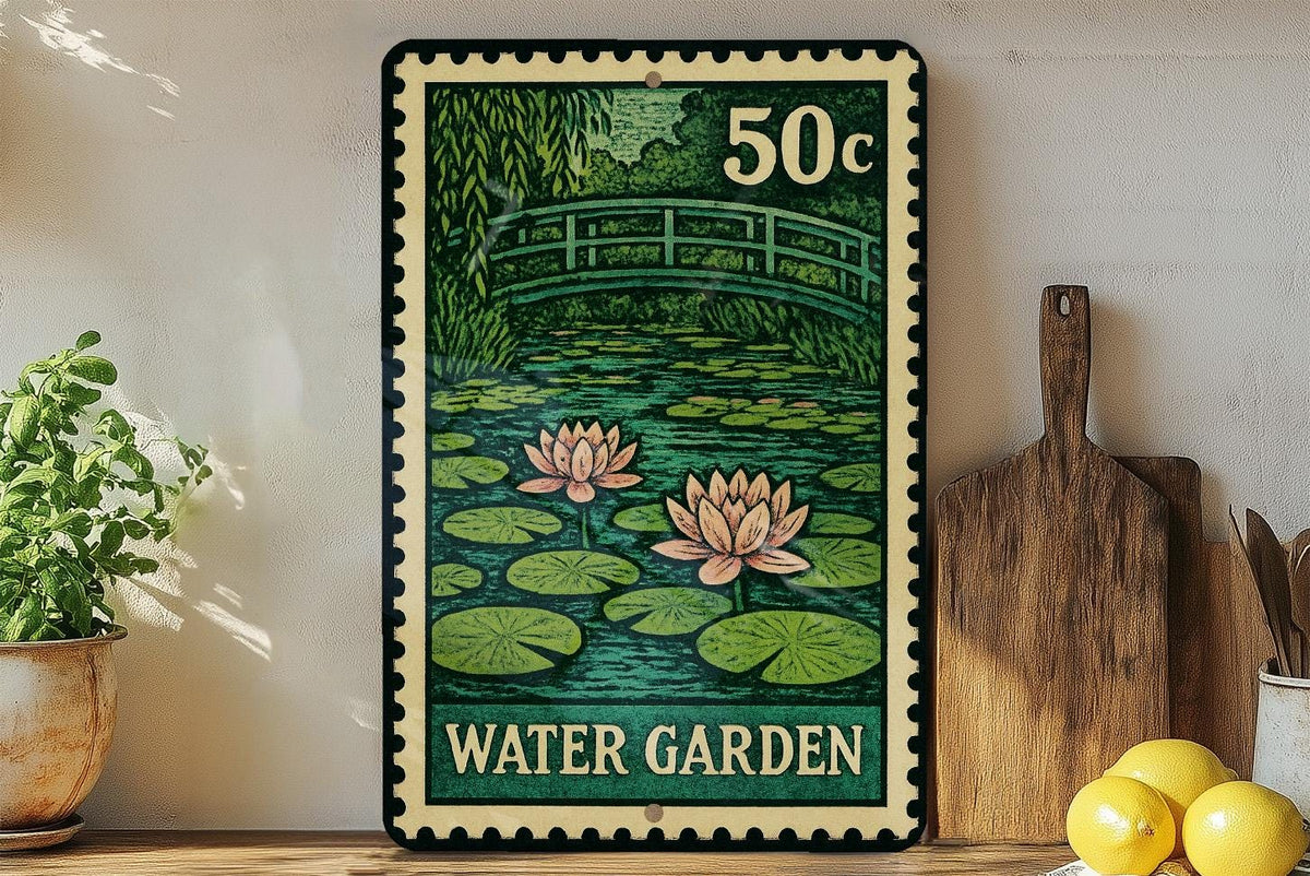 Water Garden Metal Sign – Vintage Stamp Style Garden Decor, Rustic Outdoor Wall Art, Botanical Yard Plaque for Gardeners — photo 2