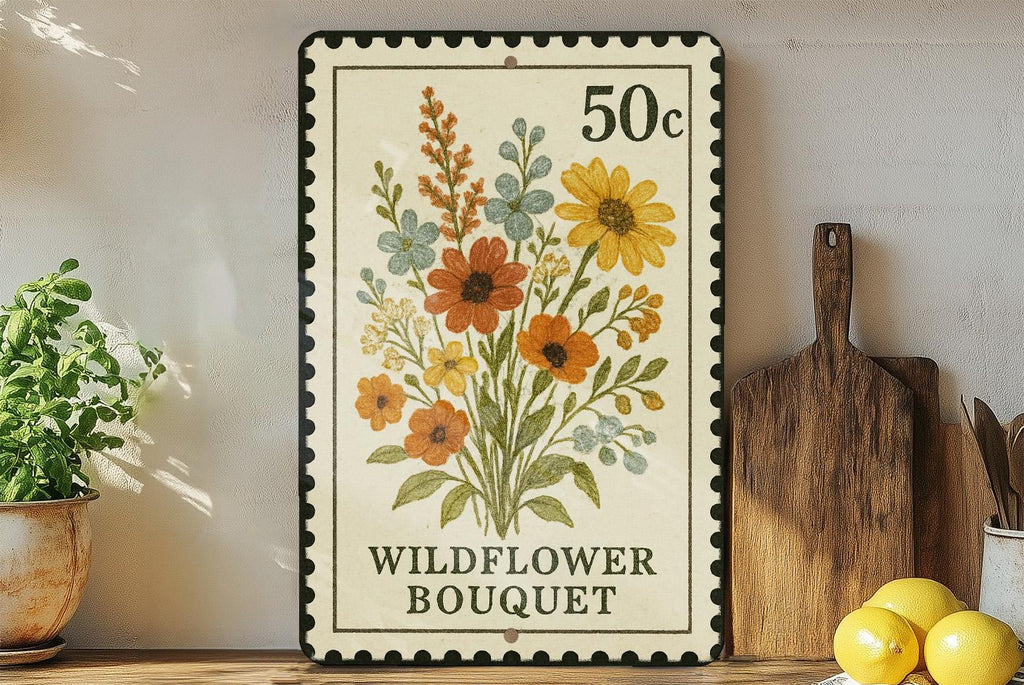 Wildflower Bouquet Metal Sign – Vintage Stamp Style Wall Art for Garden, Cottagecore Decor, Rustic Floral Home Sign — photo 2