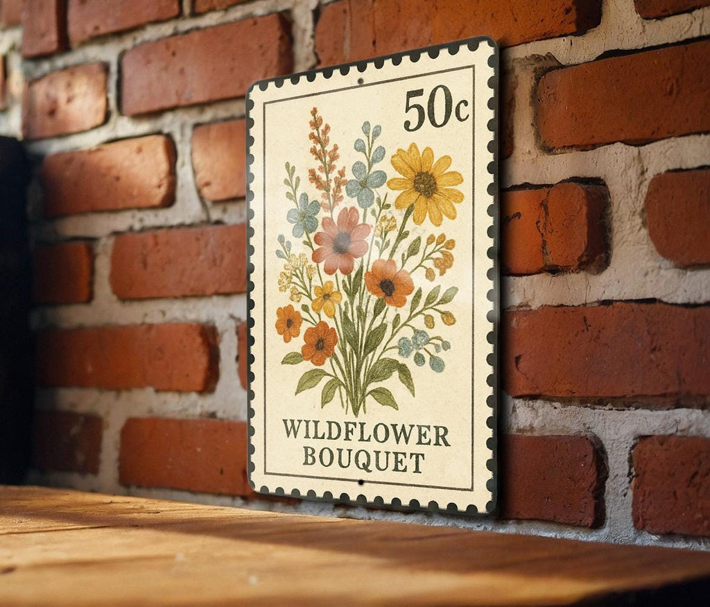 Wildflower Bouquet Metal Sign – Vintage Stamp Style Wall Art for Garden, Cottagecore Decor, Rustic Floral Home Sign — photo 3