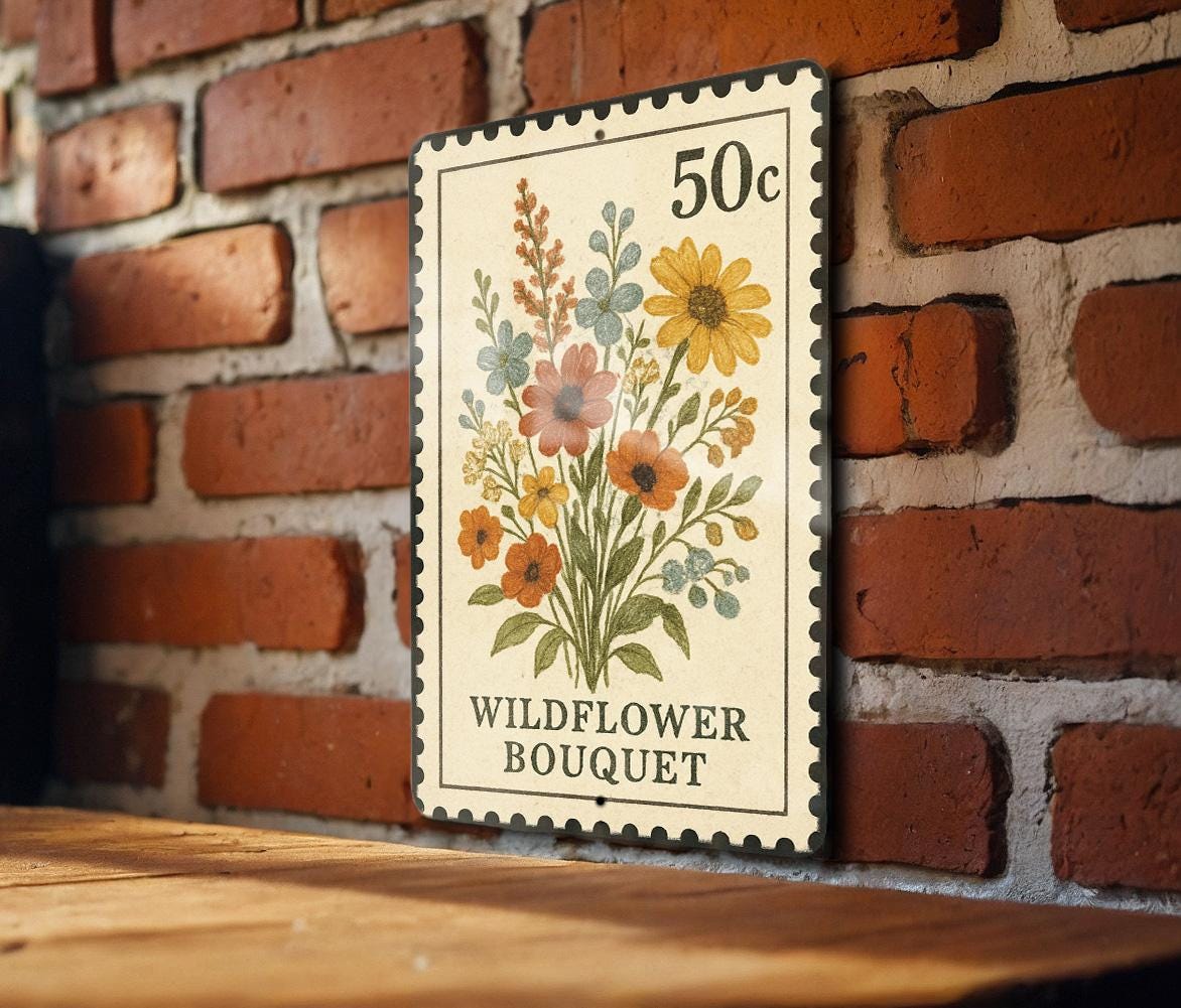 Wildflower Bouquet Metal Sign – Vintage Stamp Style Wall Art for Garden, Cottagecore Decor, Rustic Floral Home Sign — photo 3