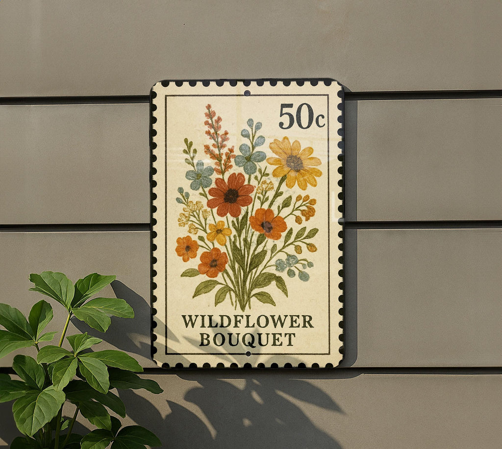 Wildflower Bouquet Metal Sign – Vintage Stamp Style Wall Art for Garden, Cottagecore Decor, Rustic Floral Home Sign — photo 5