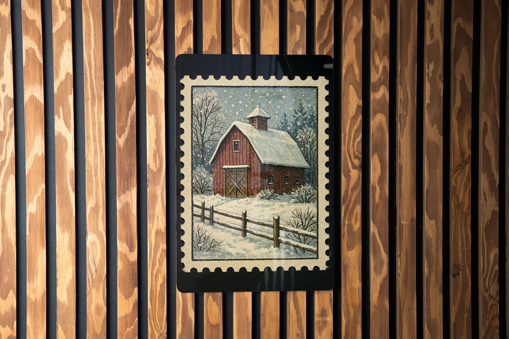 Rustic Winter Snow Barn Metal Sign – Vintage Farmhouse Stamp Style Wall Art for Cabin, Country Home, Holiday Decor — photo 1