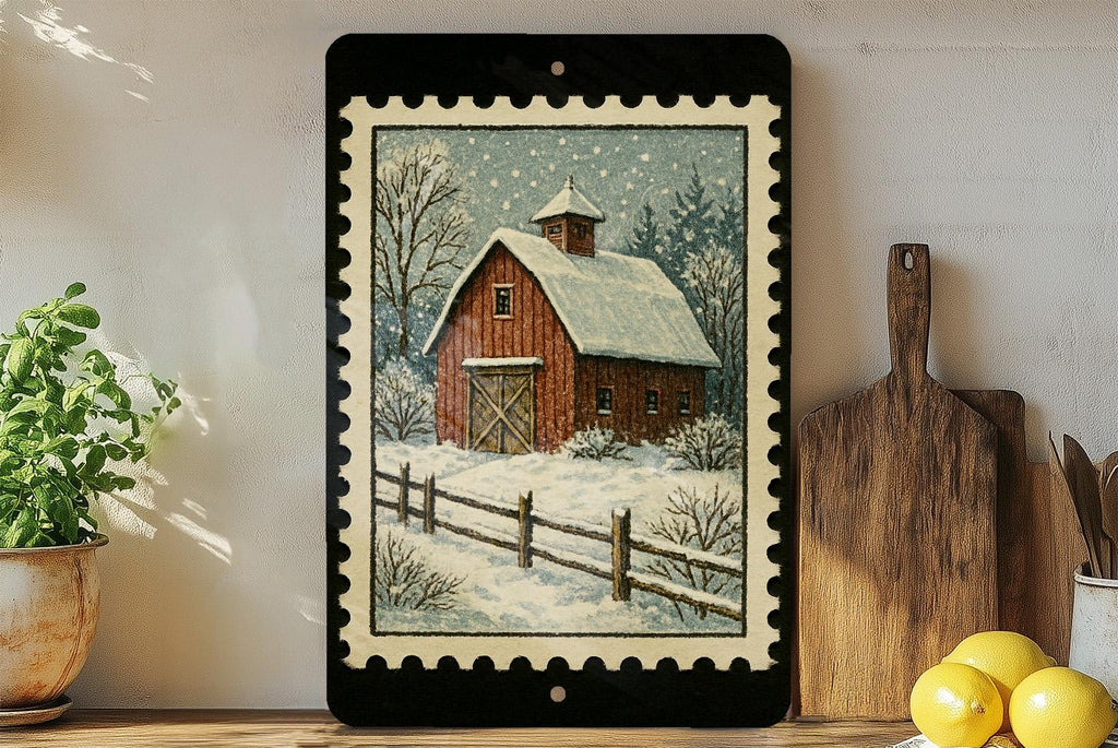 Rustic Winter Snow Barn Metal Sign – Vintage Farmhouse Stamp Style Wall Art for Cabin, Country Home, Holiday Decor — photo 2