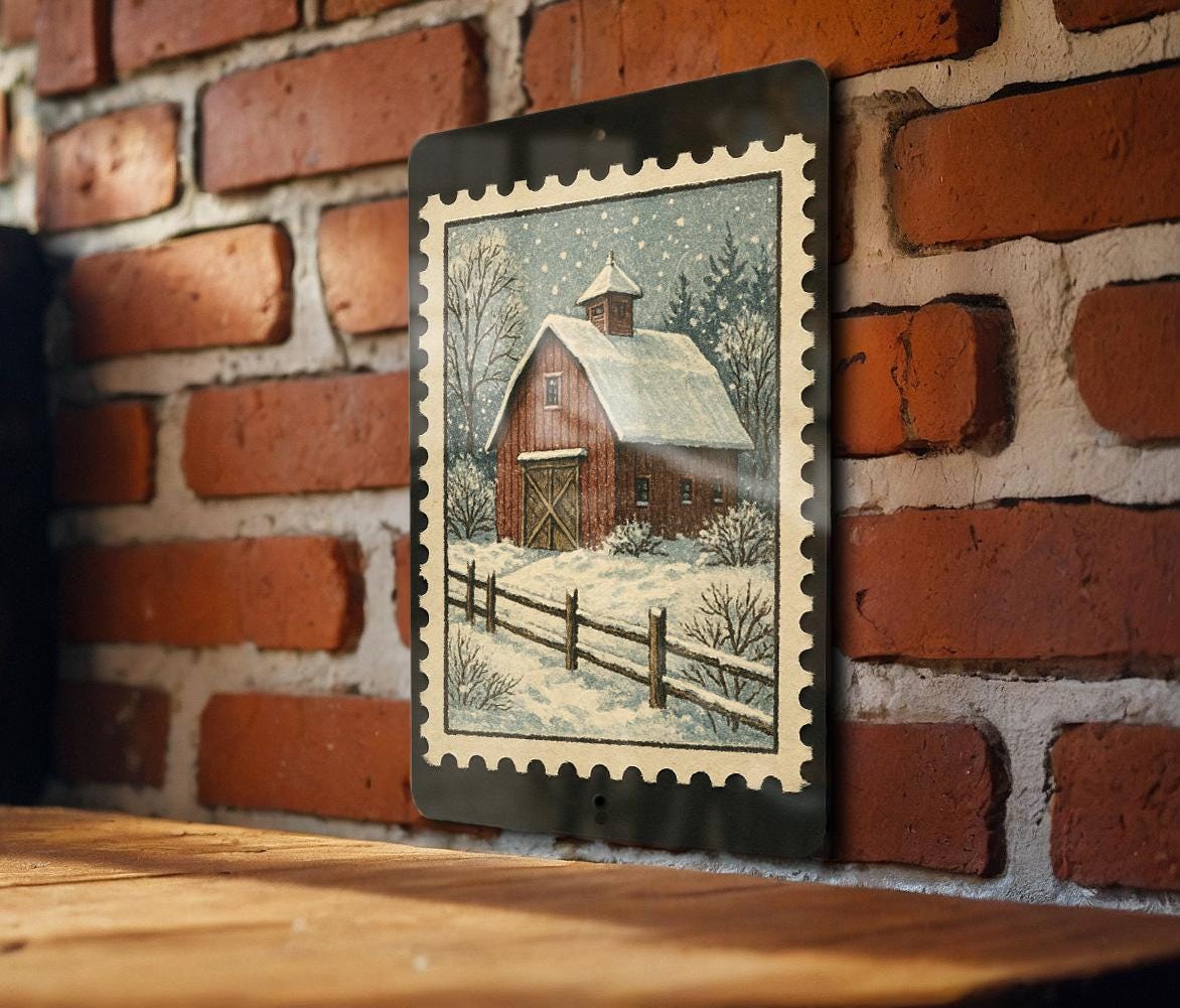 Rustic Winter Snow Barn Metal Sign – Vintage Farmhouse Stamp Style Wall Art for Cabin, Country Home, Holiday Decor — photo 3