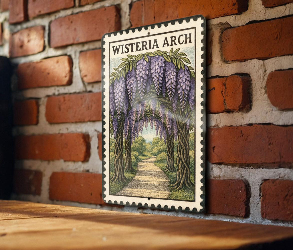 Wisteria Arch Metal Sign – Vintage Stamp Style Garden Wall Art, Rustic Outdoor Decor, Floral Metal Artwork for Home or Patio — photo 3