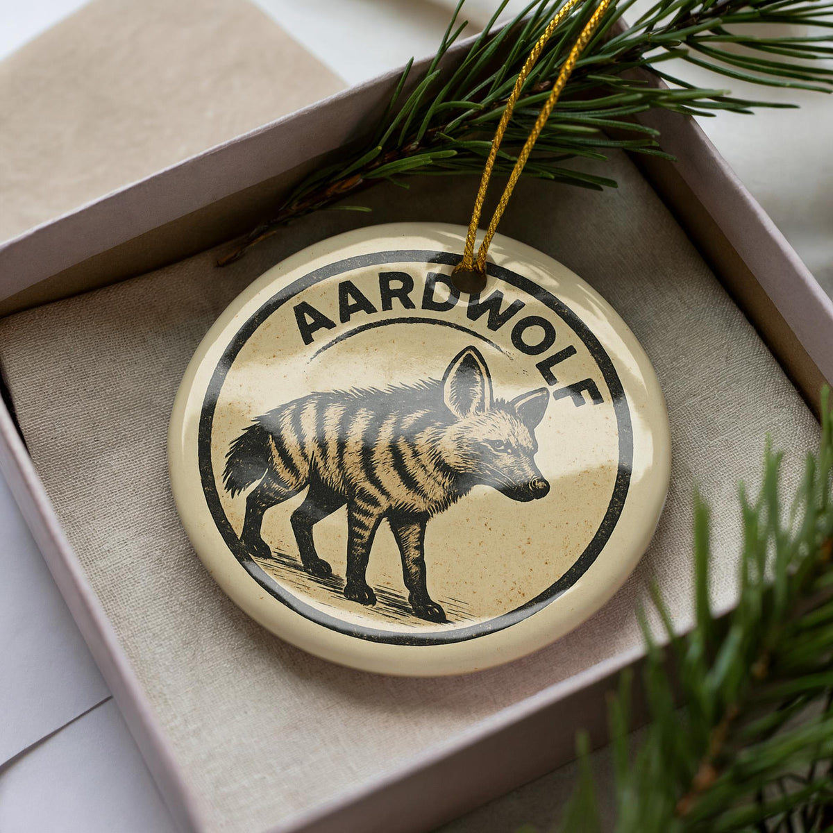 Aardwolf Ceramic Ornament – Circular Wildlife Stamp Art, African Animal Christmas Tree Decoration, Nature Lover Gift — photo 1
