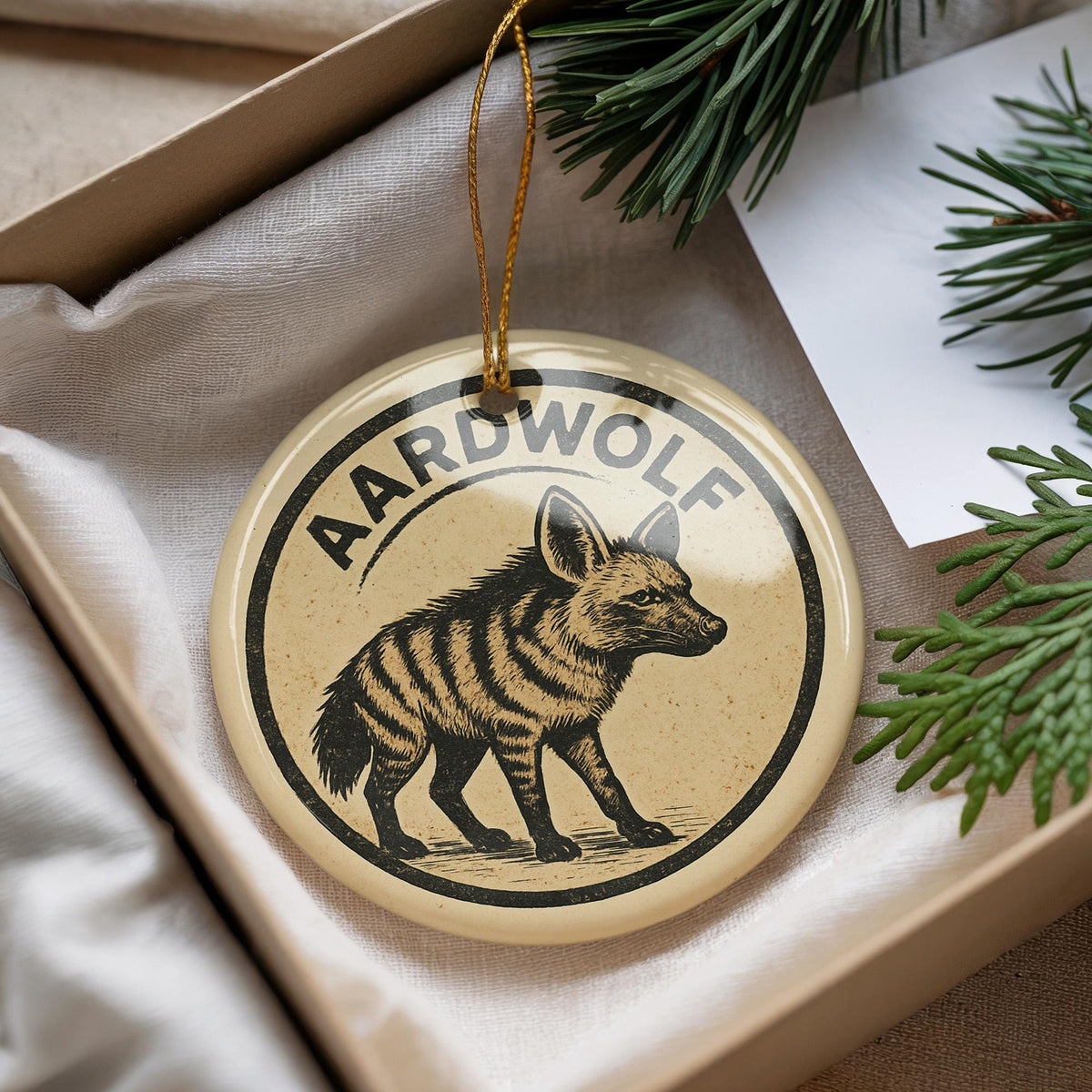 Aardwolf Ceramic Ornament – Circular Wildlife Stamp Art, African Animal Christmas Tree Decoration, Nature Lover Gift — photo 2