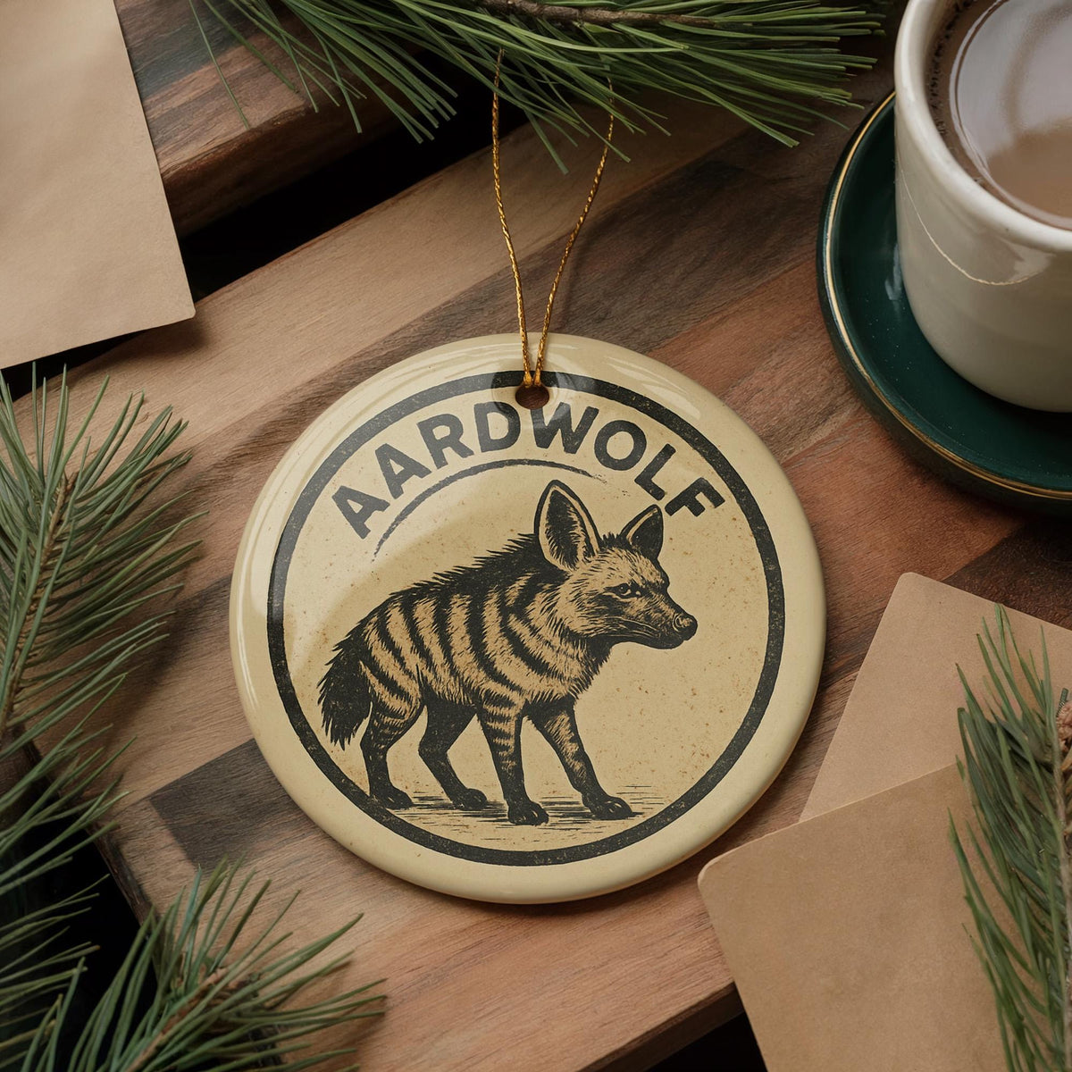 Aardwolf Ceramic Ornament – Circular Wildlife Stamp Art, African Animal Christmas Tree Decoration, Nature Lover Gift — photo 3