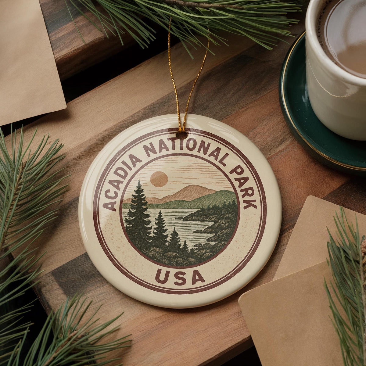 Acadia National Park Ornament – Circular Stamp Design Ceramic Keepsake for Nature Lovers & Outdoor Adventure Decor — photo 2