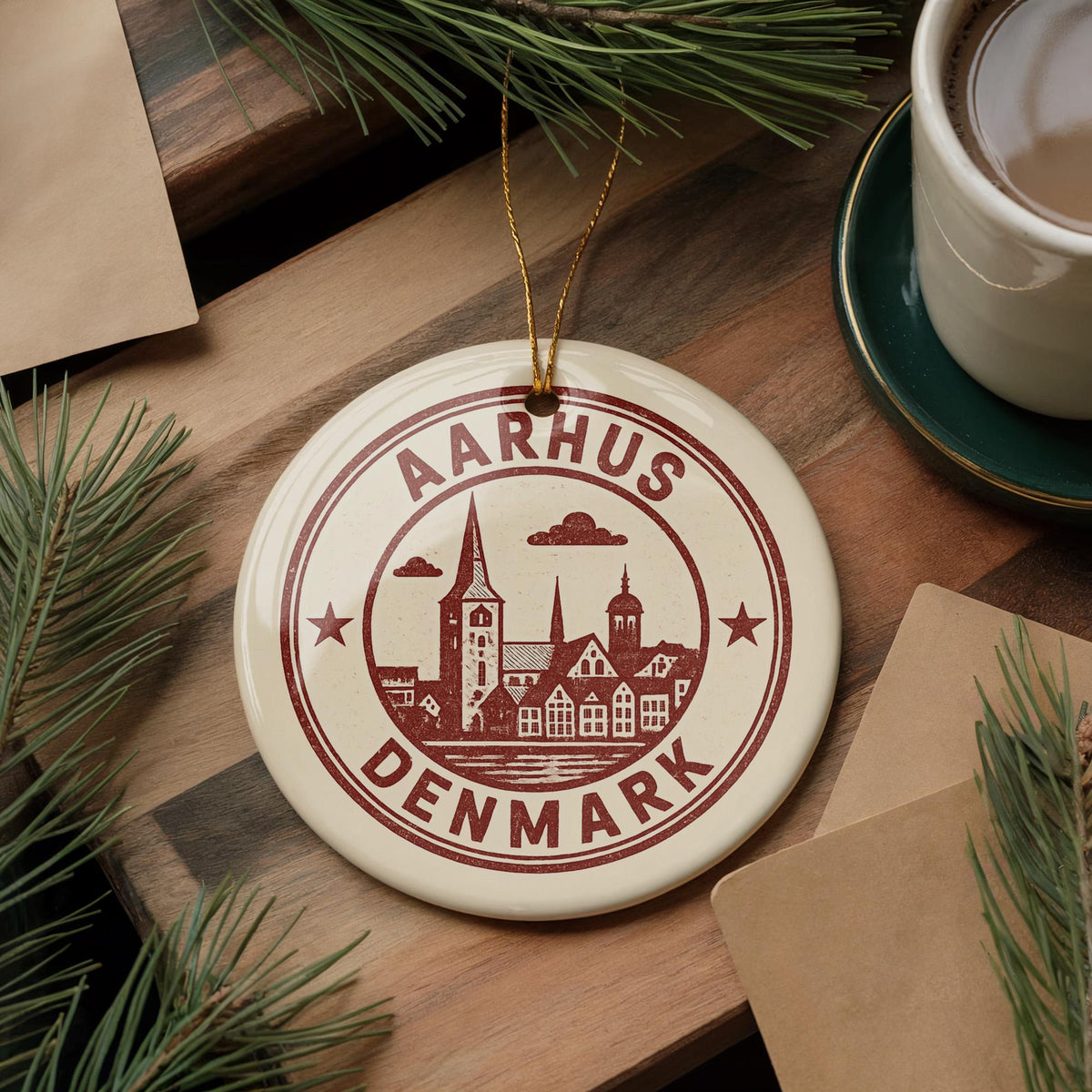 Aarhus Denmark Ceramic Ornament – Vintage Circular Stamp Style City Art, Scandinavian Travel Souvenir Gift — photo 1