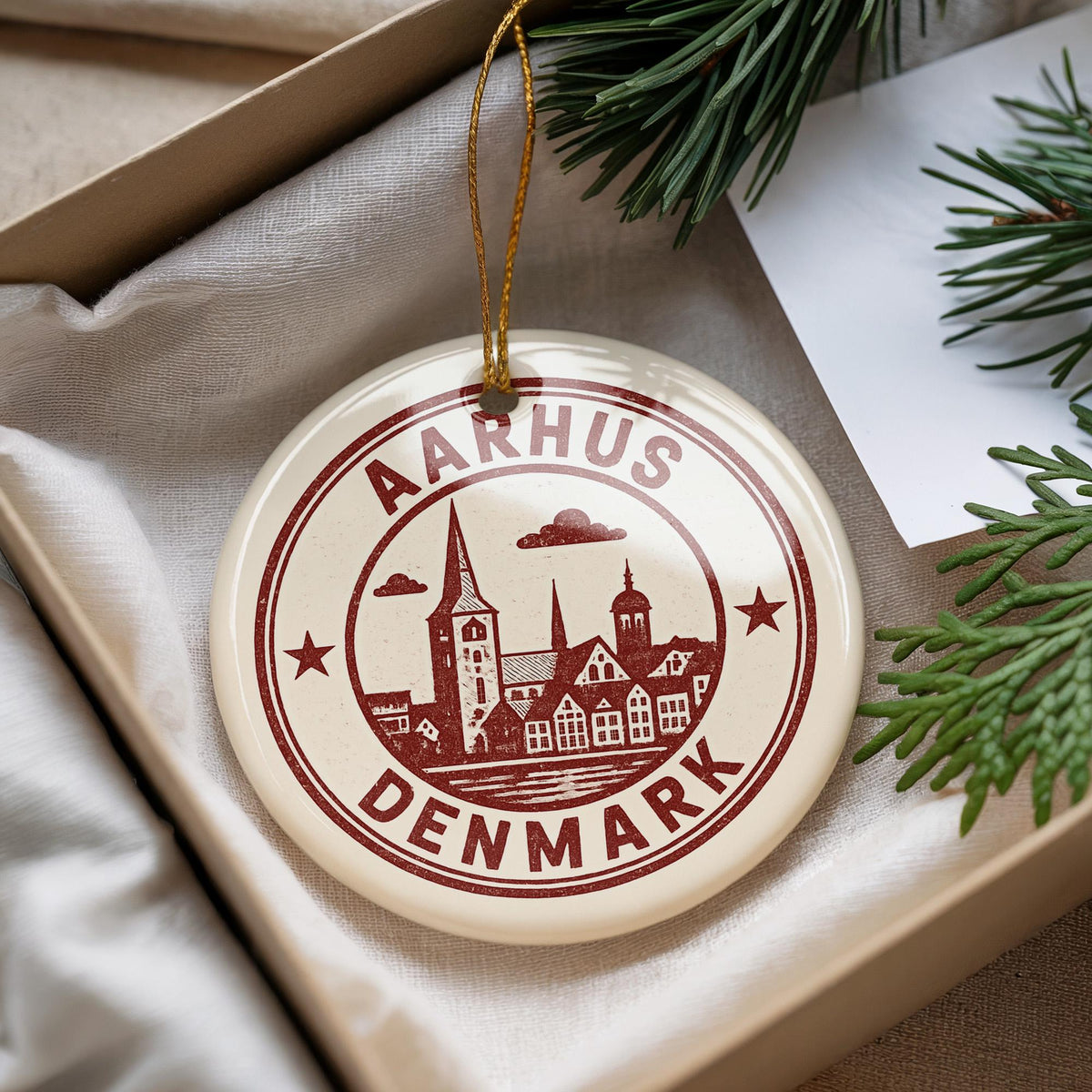 Aarhus Denmark Ceramic Ornament – Vintage Circular Stamp Style City Art, Scandinavian Travel Souvenir Gift — photo 2